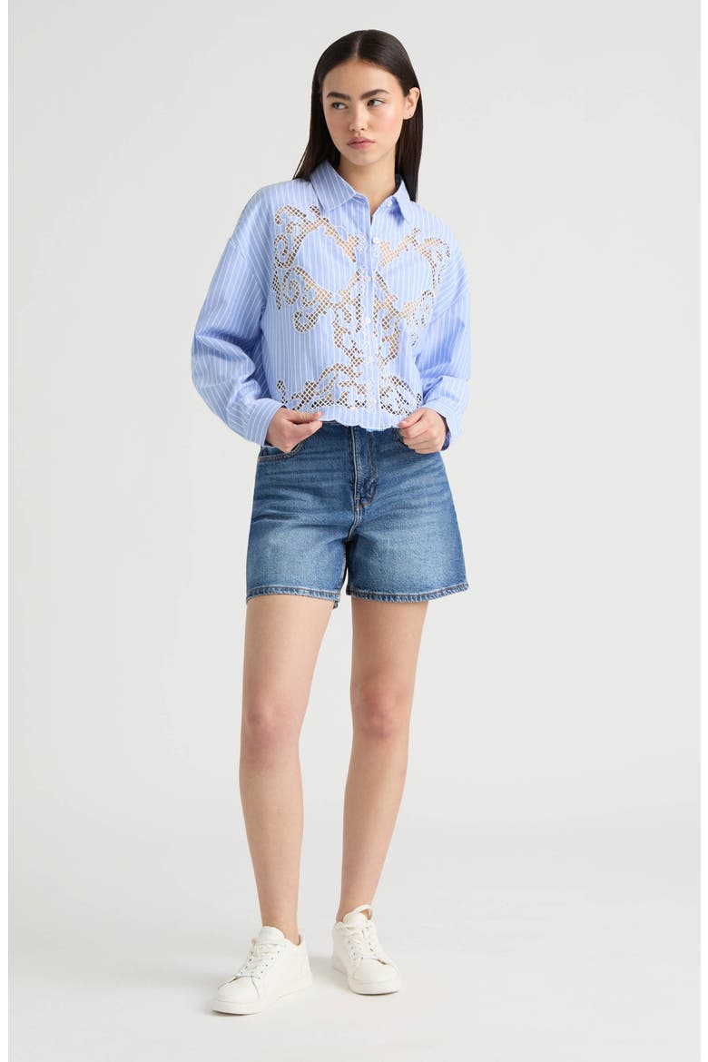 Embroidered Cutout Long Sleeve Crop Button-Up Shirt, Alternate, color, BLUE/ WHITE STRIPE