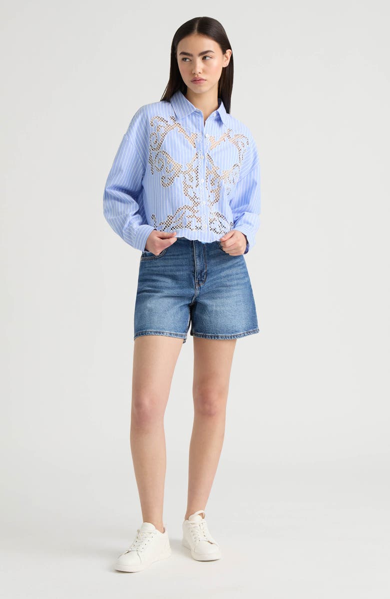 NVLT Embroidered Cutout Long Sleeve Crop Button-Up Shirt, Alternate, color, Blue/ White Stripe