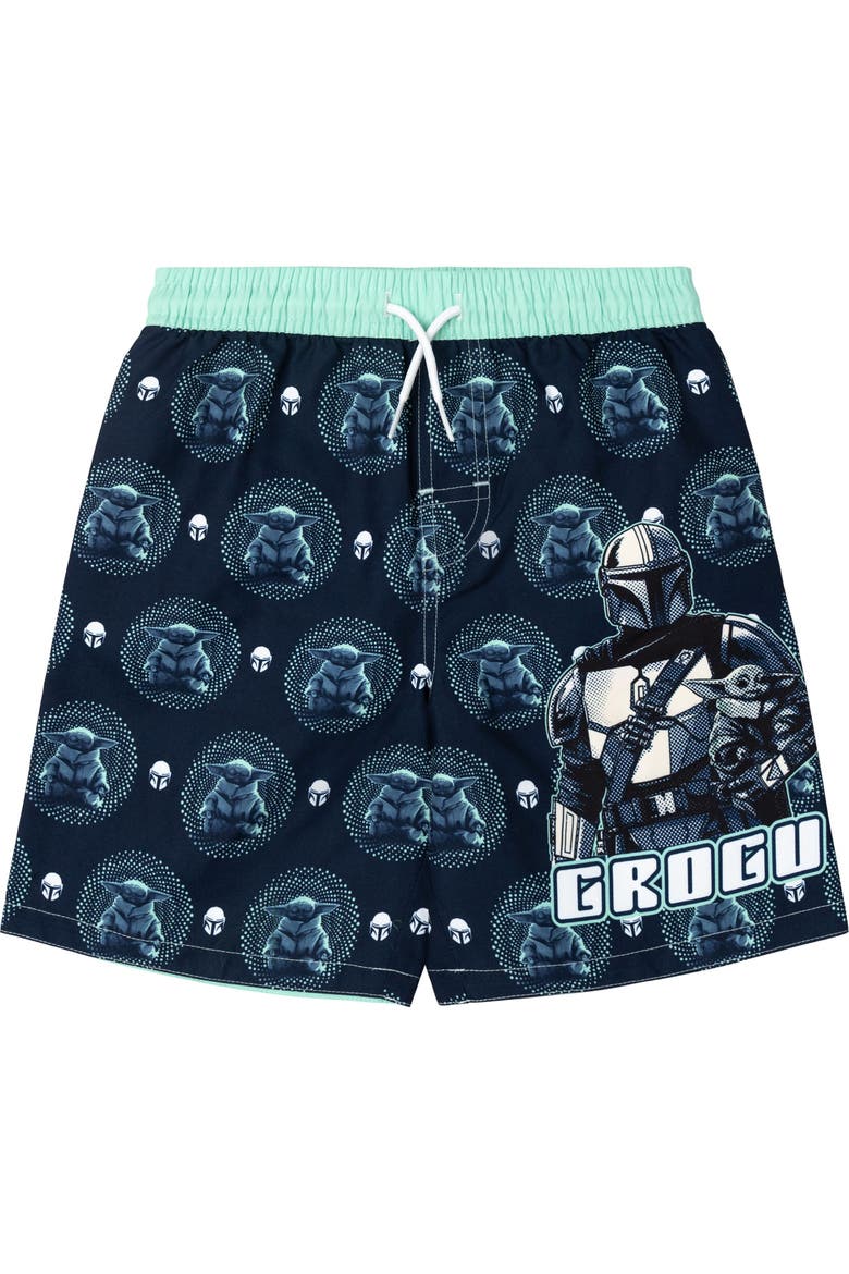 The Mandalorian Grogu 2-piece Swimwear Rash Guard And Swim Trunks Set, Alternate, color, Grogu Green Navy