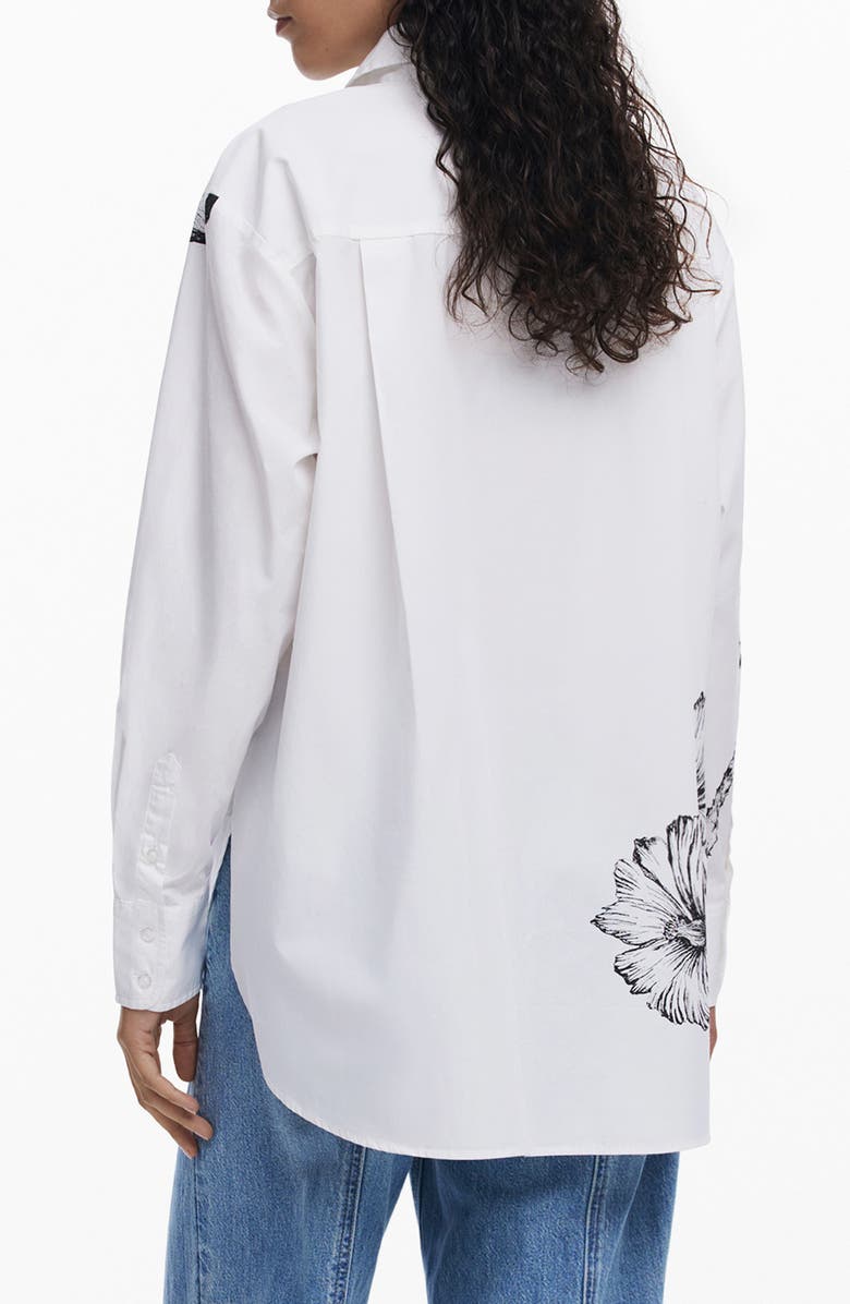 Desigual Placed Floral Cotton Button-Up Shirt, Alternate, color, White