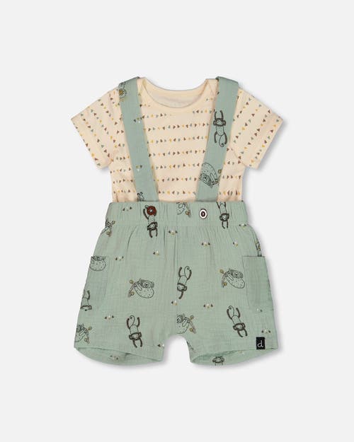 DEUX PAR DEUX DEUX PAR DEUX BABY BOY'S PRINTED MUSLIN SHORTALL AND ORGANIC COTTON BODYSUIT SET SAGE MONKEY AND OFF
