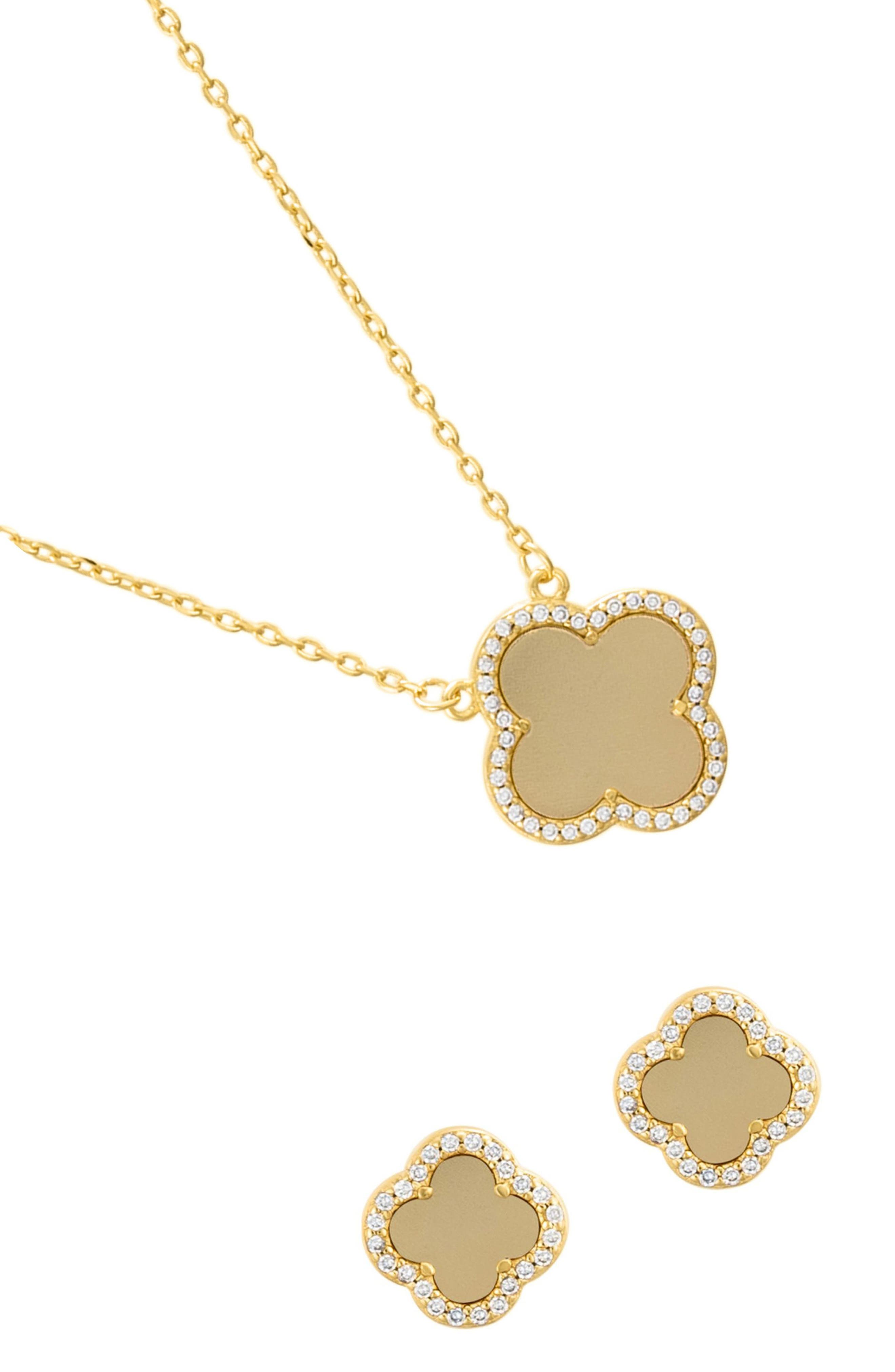 Adornia Set of 2 Halo Cubic Zirconia Clover Pendant & Herringbone Necklaces