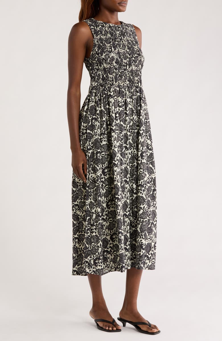 MELLODAY Smocked Sleeveless Maxi Dress, Alternate, color, Ivory/ Black Print