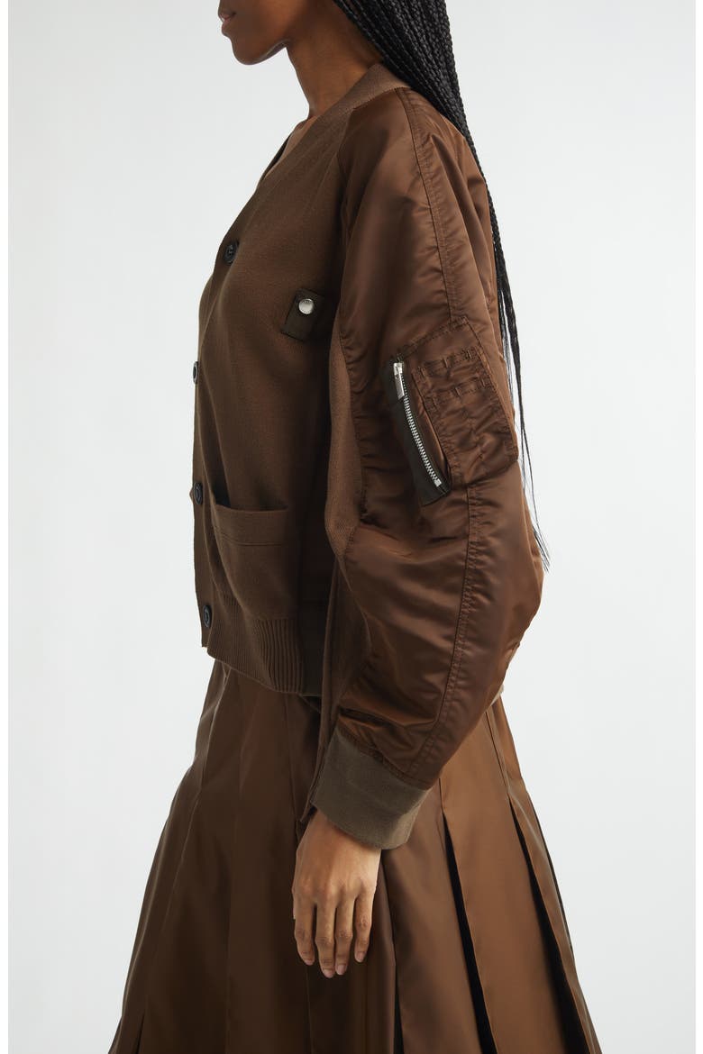 Mixed Media Knit & Nylon Twill Cardigan, Alternate, color, BROWN