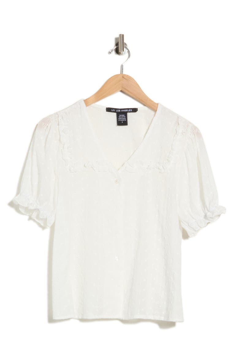 Eyelet Button Front Top with Ruffled Collar, Main, color, WHITE