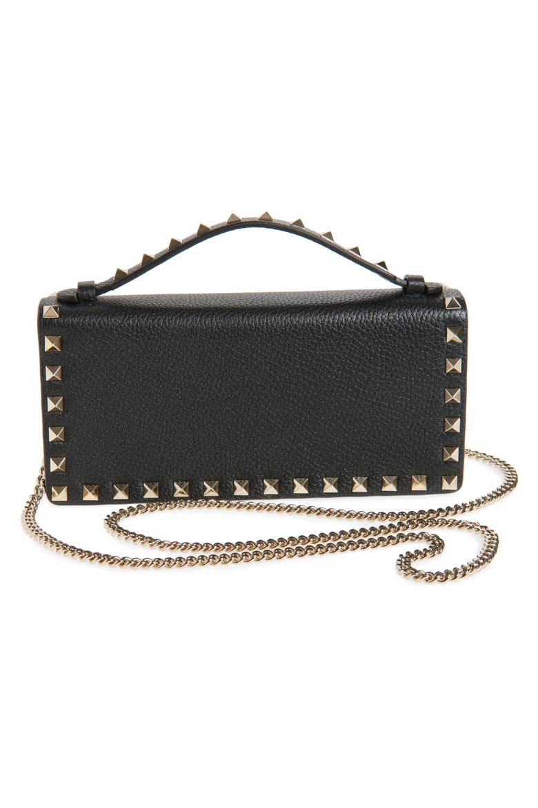 Rockstud Leather Wallet on a Chain, Alternate, color, BLACK