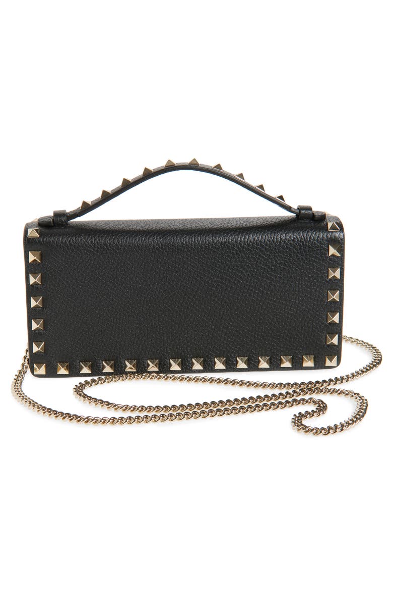 Valentino Garavani Rockstud Leather Wallet on a Chain, Alternate, color, Black