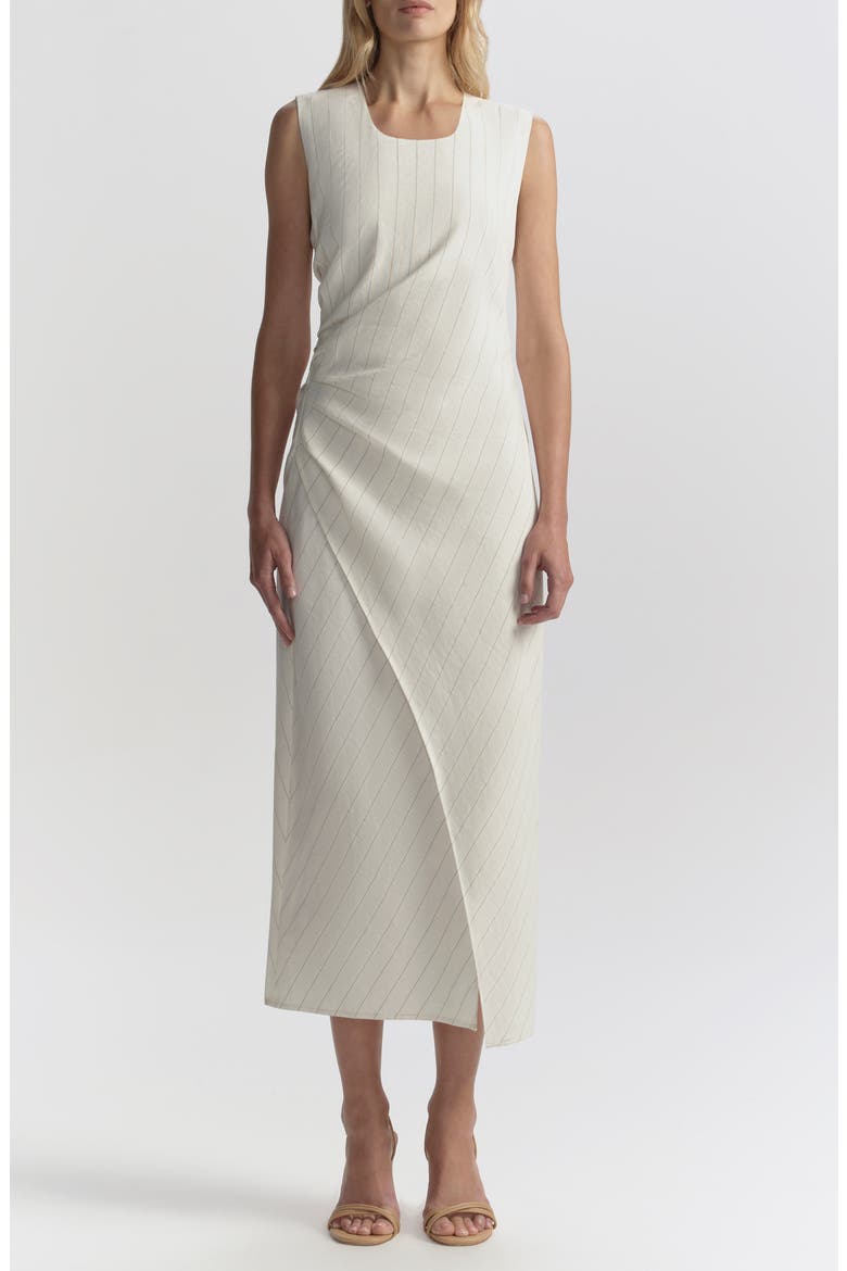 Caroline Pinstripe Side Ruched Linen Blend Dress, Main, color, PEARL/ BROWN
