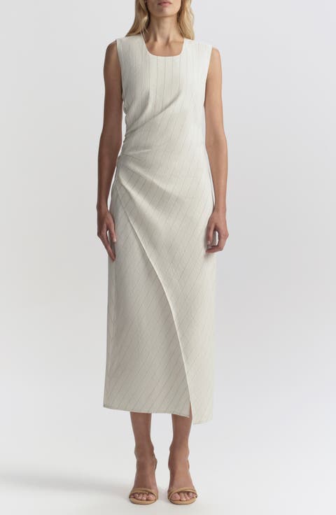 Caroline Pinstripe Side Ruched Linen Blend Dress