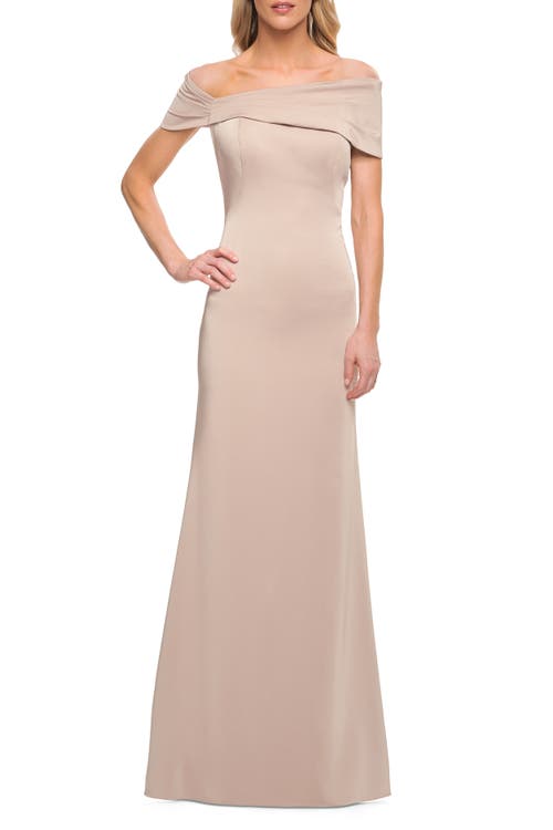 La Femme Simply Chic Off The Shoulder Jersey Gown In Champagne
