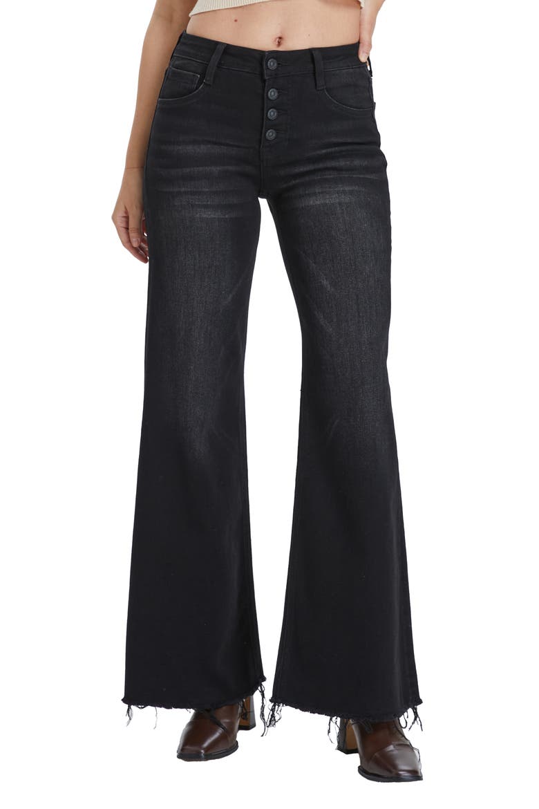Frayed Exposed Button Mid Rise Wide Leg Jeans, Main, color, RAVEN