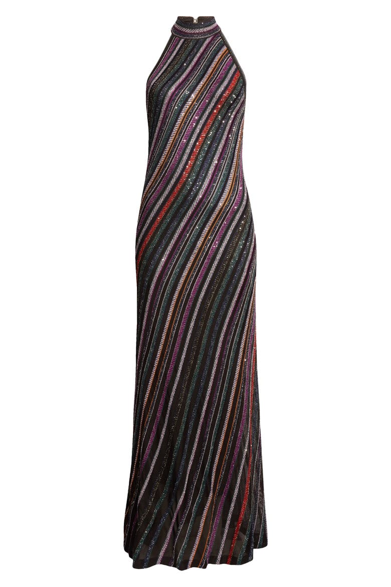 sequin striped halter dress in black Sequin Stripe Metallic Knit Dress (Women)