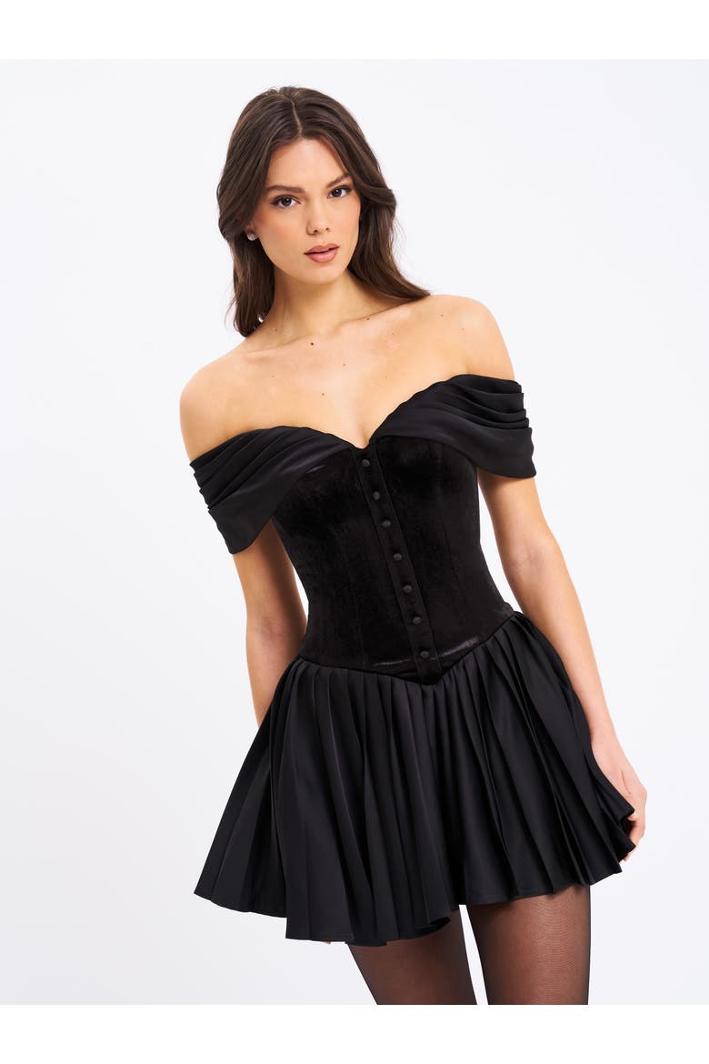 Echo Velvet Off-shoulder Pleated Mini Dress, Alternate, color, Black