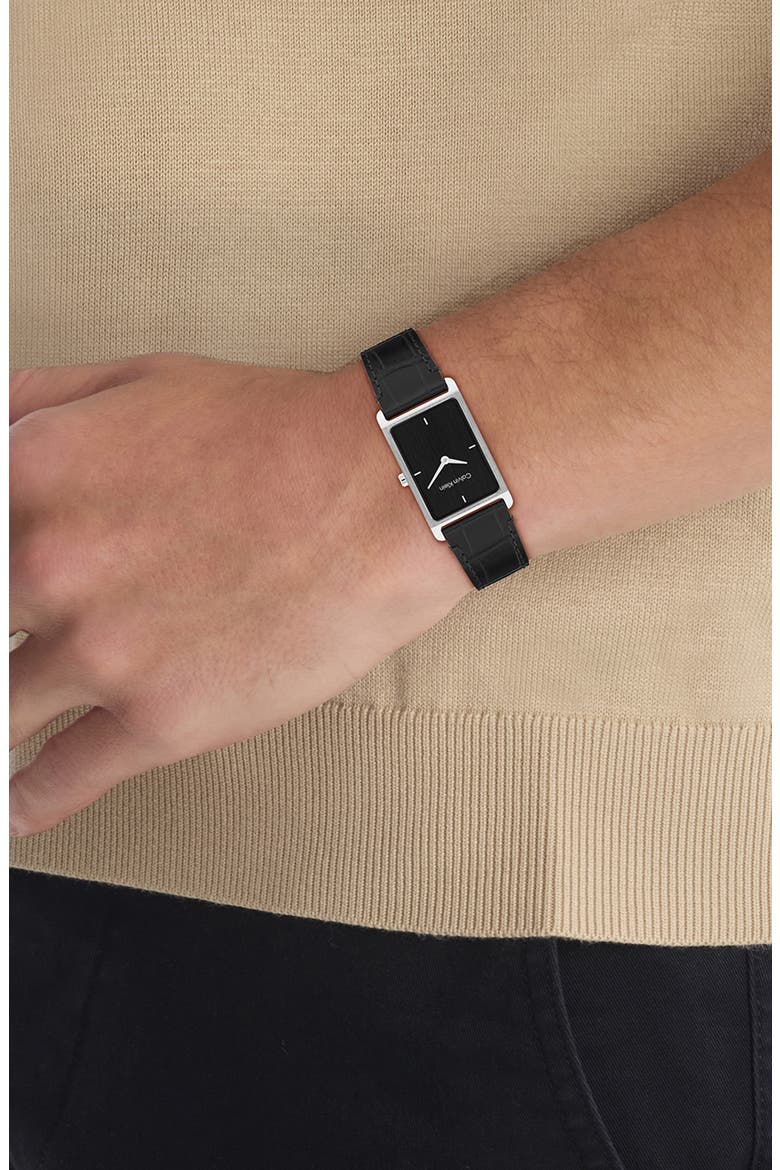 Dapper Rectangular Leather Strap Watch, 24mm, Alternate, color, BLACK