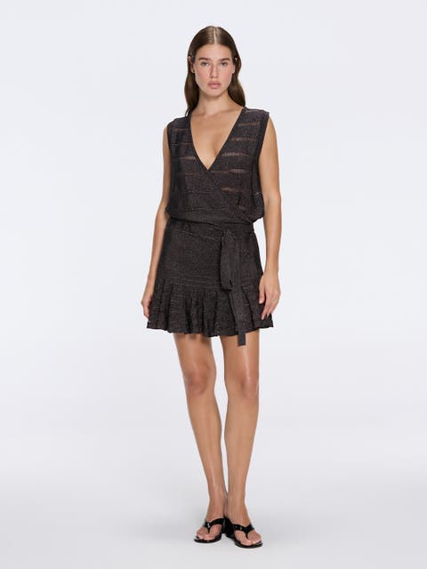 Menton Metallic Sheer Knit V neck Mini Dress