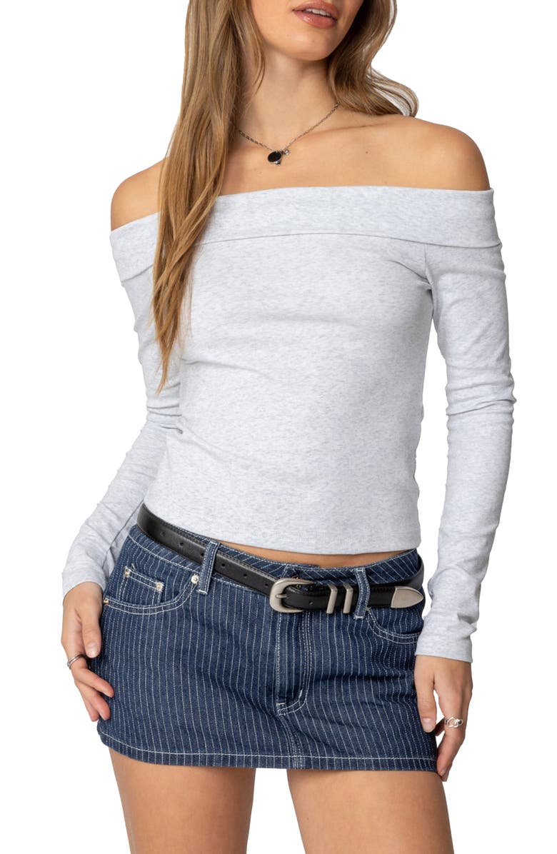 EDIKTED Claudie Foldover Off the Shoulder Top, Main, color, Gray-Melange