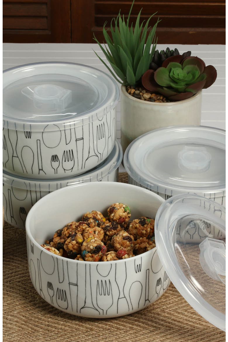 Set of 4 Large Storage Bowl with Lid, Alternate, color, WHITE