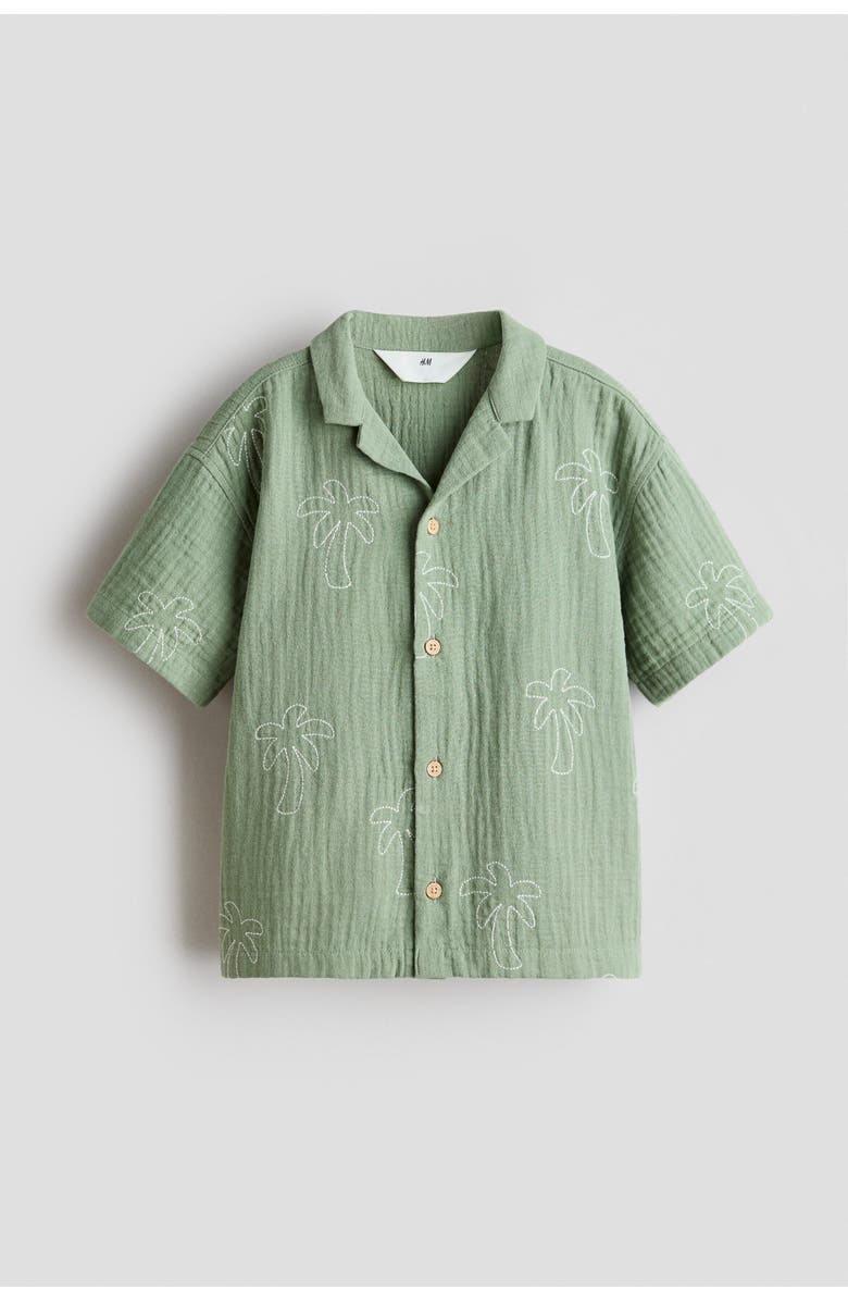 H&M Embroidered Muslin Resort Shirt, Alternate, color, Green/Palm Trees