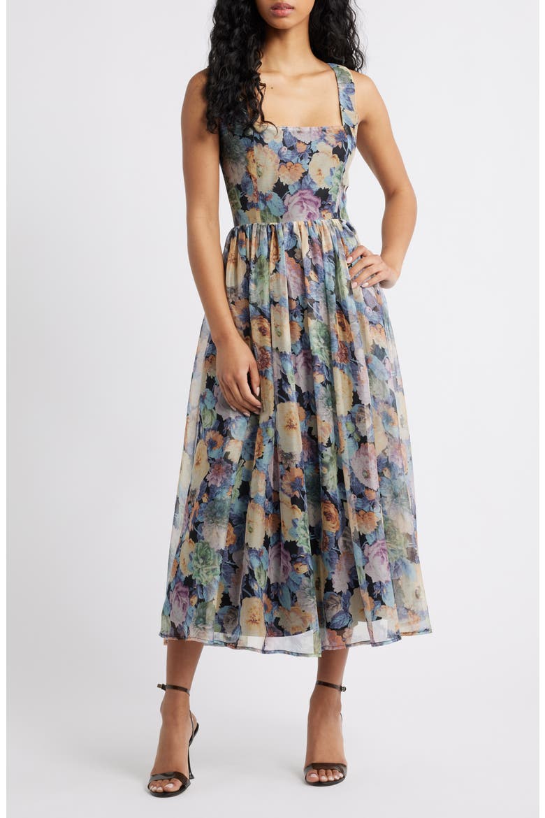 square neck midi dress floral Square Neck Floral Print Smocked Waist Midi Dress
