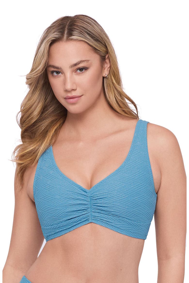 Supportive and Sculpting Basket Weave Banded Cinch Front Bikini Swimsuit Top, Main, color, Powder Blue Basket Weave