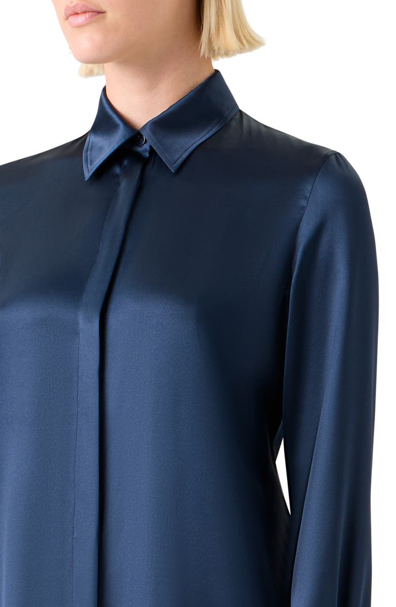 Akris Stretch Silk Satin Button-Up Shirt, Alternate, color, Denim Blue