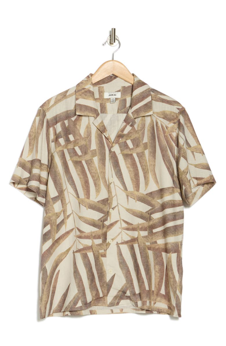 JASON WU Palm Print Camp Shirt, Alternate, color, Off White/ Brown