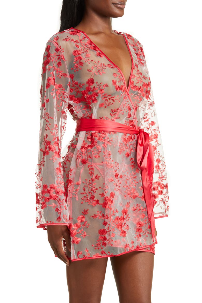 Floral Embroidered Sheer Mesh Robe, Alternate, color, RED