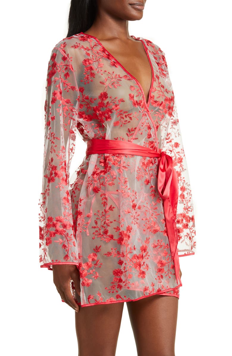Coquette Floral Embroidered Sheer Mesh Robe, Alternate, color, Red
