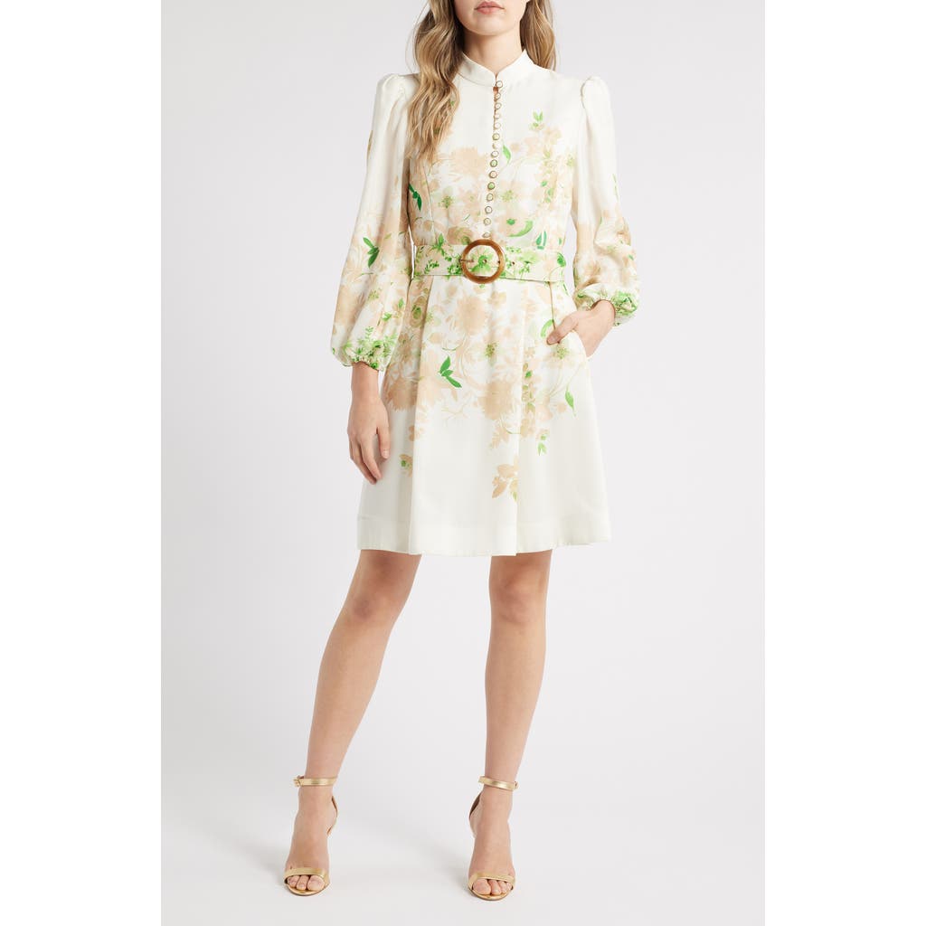 Tahari Asl Border Print Belted Long Sleeve Dress In Ivory Fern