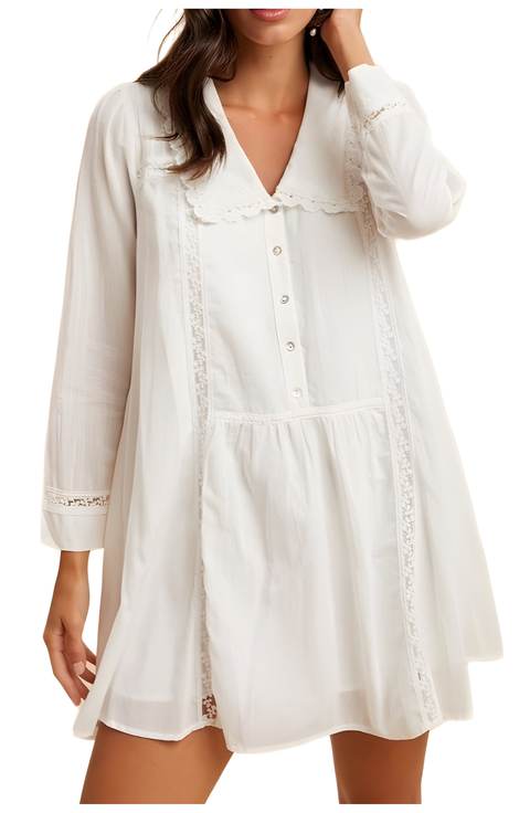 Long Sleeve Button-Front Babydoll Dress with Crochet Trim