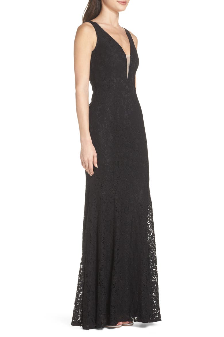 Plunging Neckline Lace Trumpet Gown, Alternate, color, BLACK