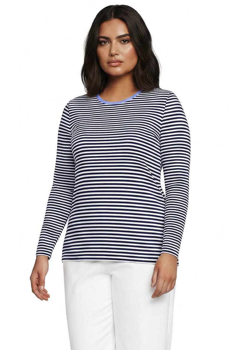 Plus Size Long Sleeve Micro Rib T-Shirt, Main, color, Deep Sea Navy/White Stripe