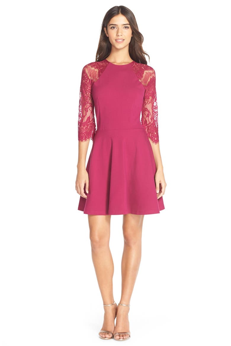 BB Dakota 'Yale' Lace Panel Fit & Flare Dress, Alternate, color, BERRY