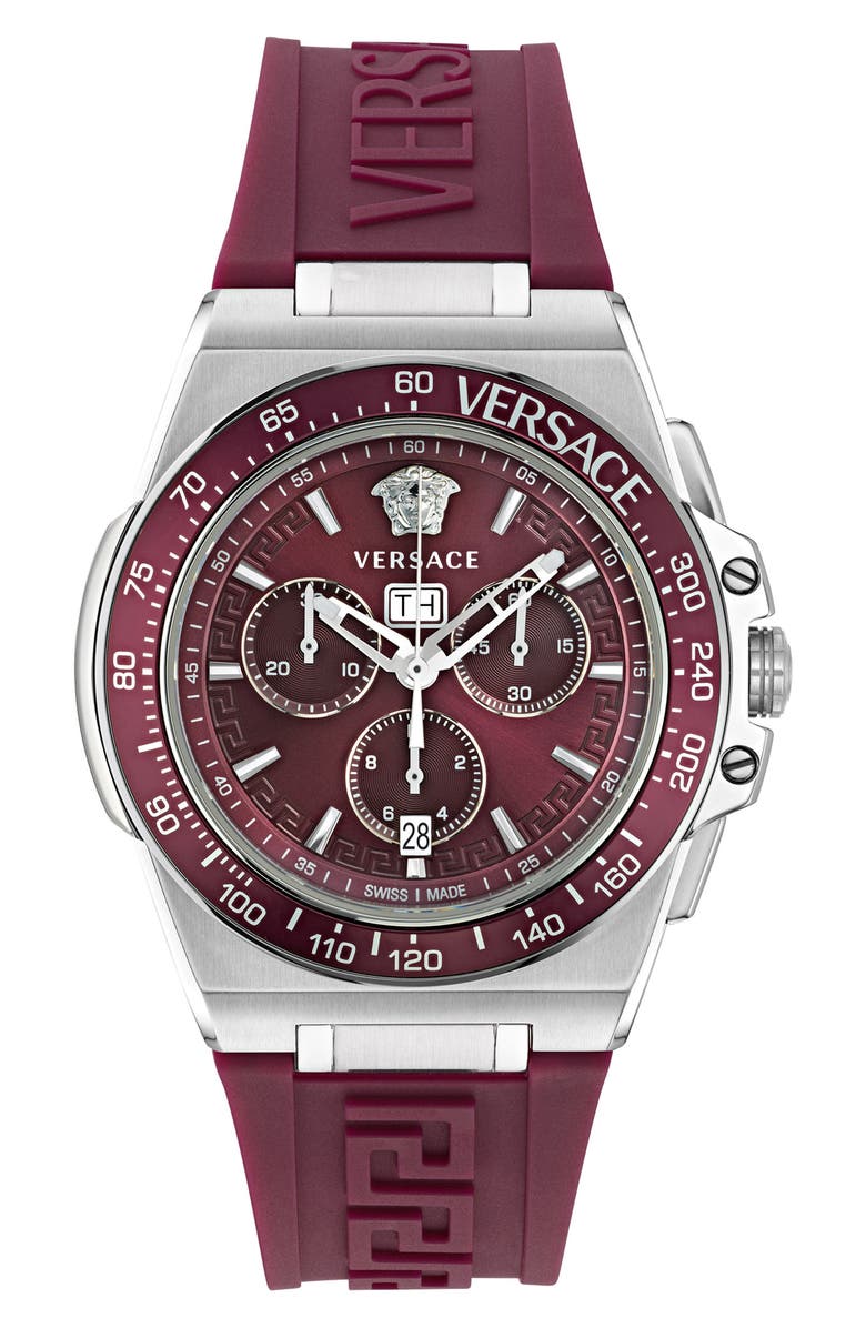 Versace Greca Extreme Silicone Strap Chronograph Watch, 45mm, Main, color, Stainless Steel