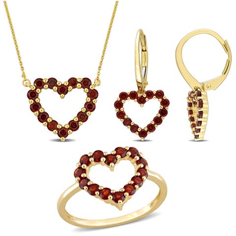 3-Piece Set Garnet Heart Necklace, Earrings & Ring