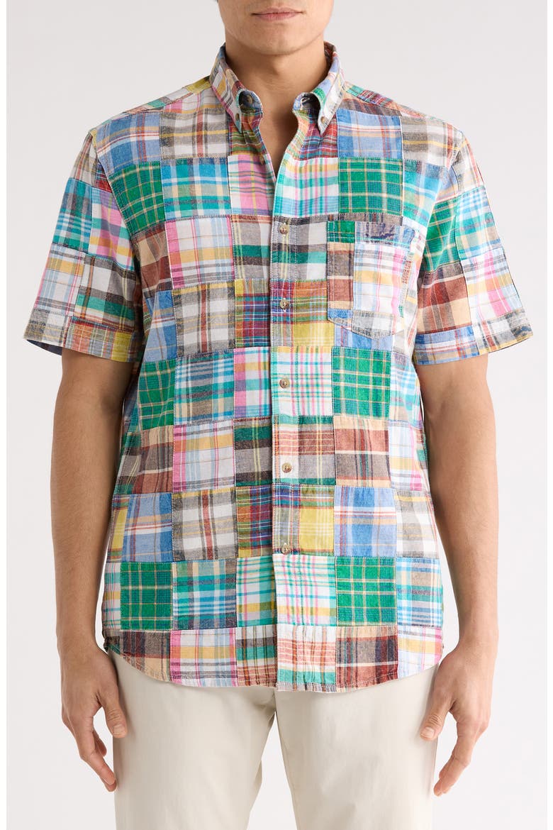 Patchwork Madras Short Sleeve Button-Down Shirt, Main, color, LIGHT BLUE