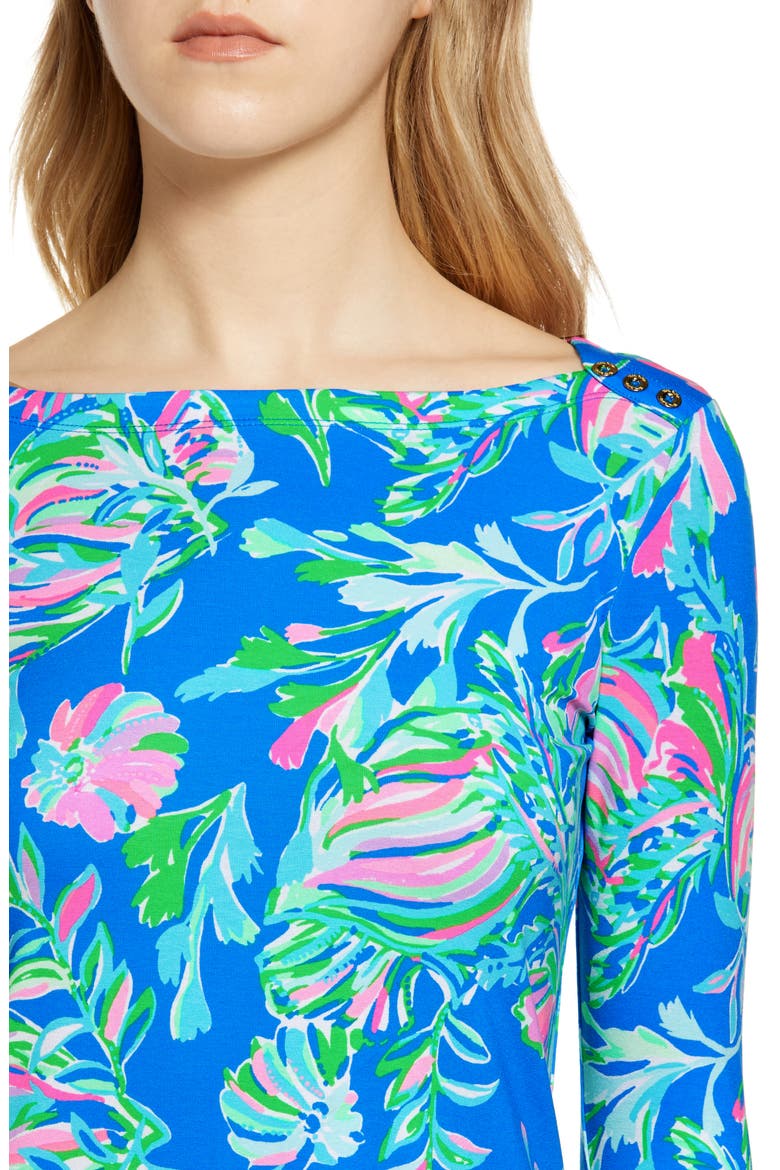 UPF 50+ Sophie Three Quarter Sleeve Shift Dress, Alternate, color, BLUE FLARE FANCY FINS