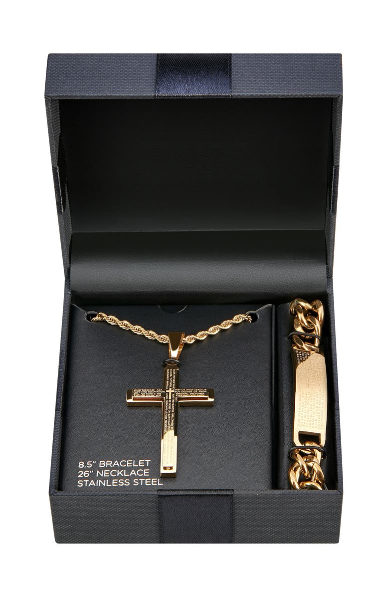 AMERICAN EXCHANGE Men's The Lord's Prayer Engraved Cross Necklace & ID Bracelet Set, Main, color, Gold/ Gold