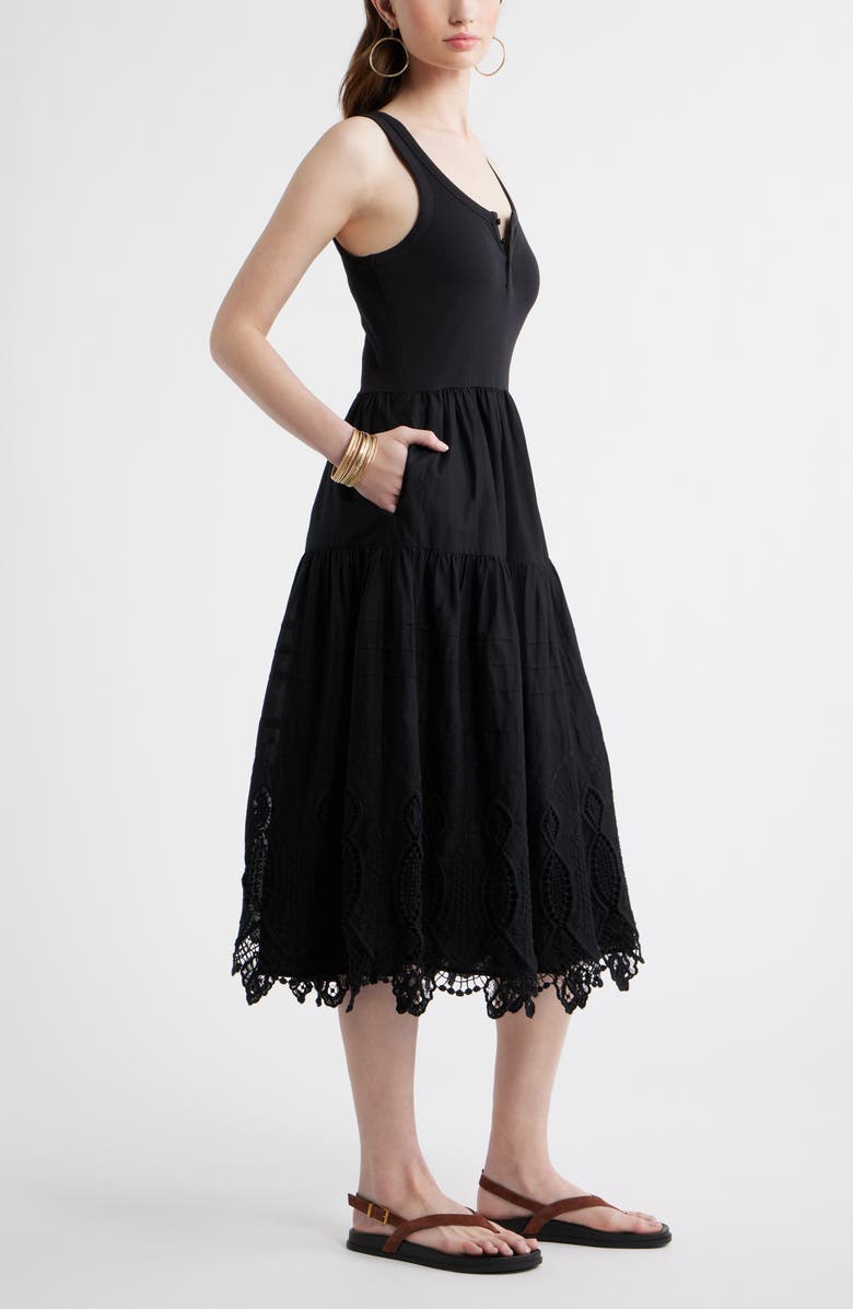 Treasure & Bond Embroidered Mixed Media Henley Tank Dress, Alternate, color, Black