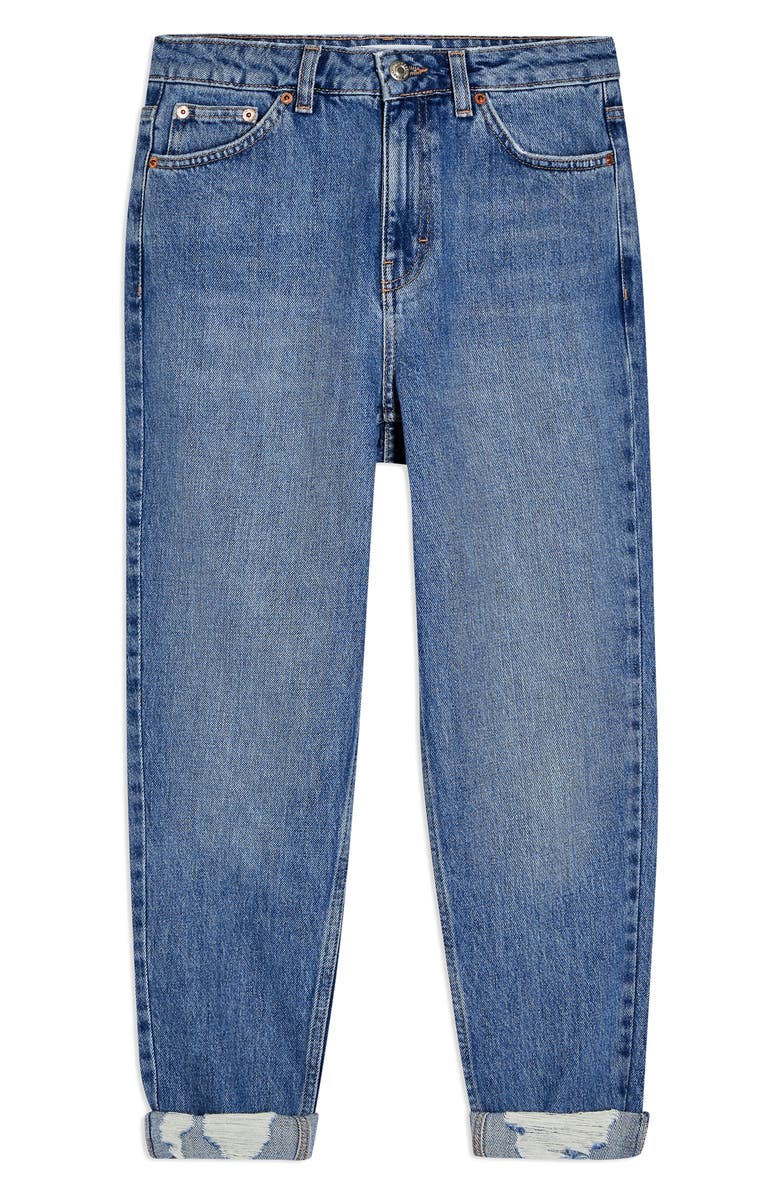 Topshop High Waist Ripped Hem Mom Jeans, Alternate, color, 