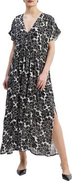 Reistor Womens Deep V-neck Maxi Dress Black Florals XS