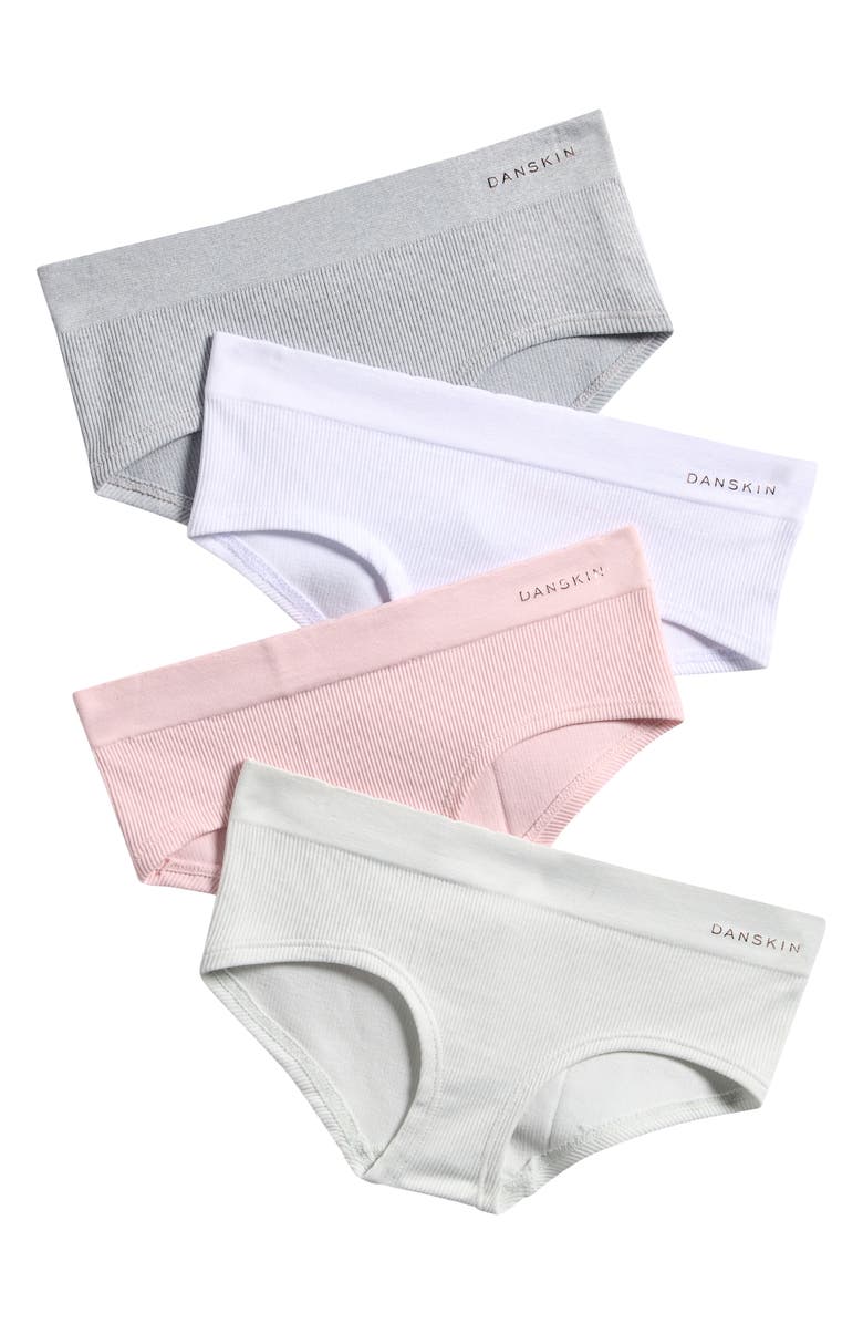 Danskin Kids' 4-Pack Assorted Seamless Hipster Briefs, Main, color, Pink/ White/ Aurora Mist/ Lhg