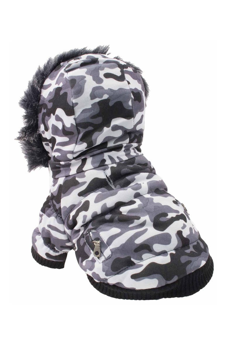 Fashion Pet Faux Fur Trim Parka Coat - X-Small, Alternate, color, SNOW CAMOUFLAGE