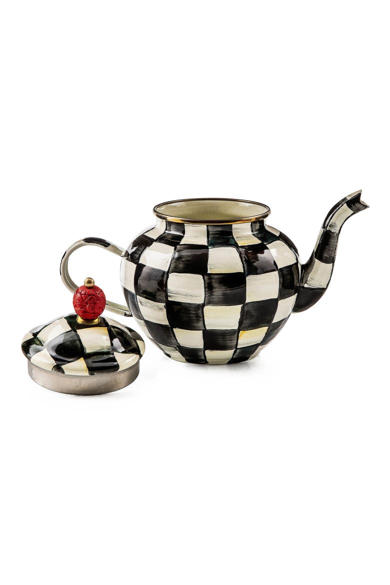 Courtly Check Enameled Steel 4-Cup Teapot, Alternate, color, BLACK/ WHITE