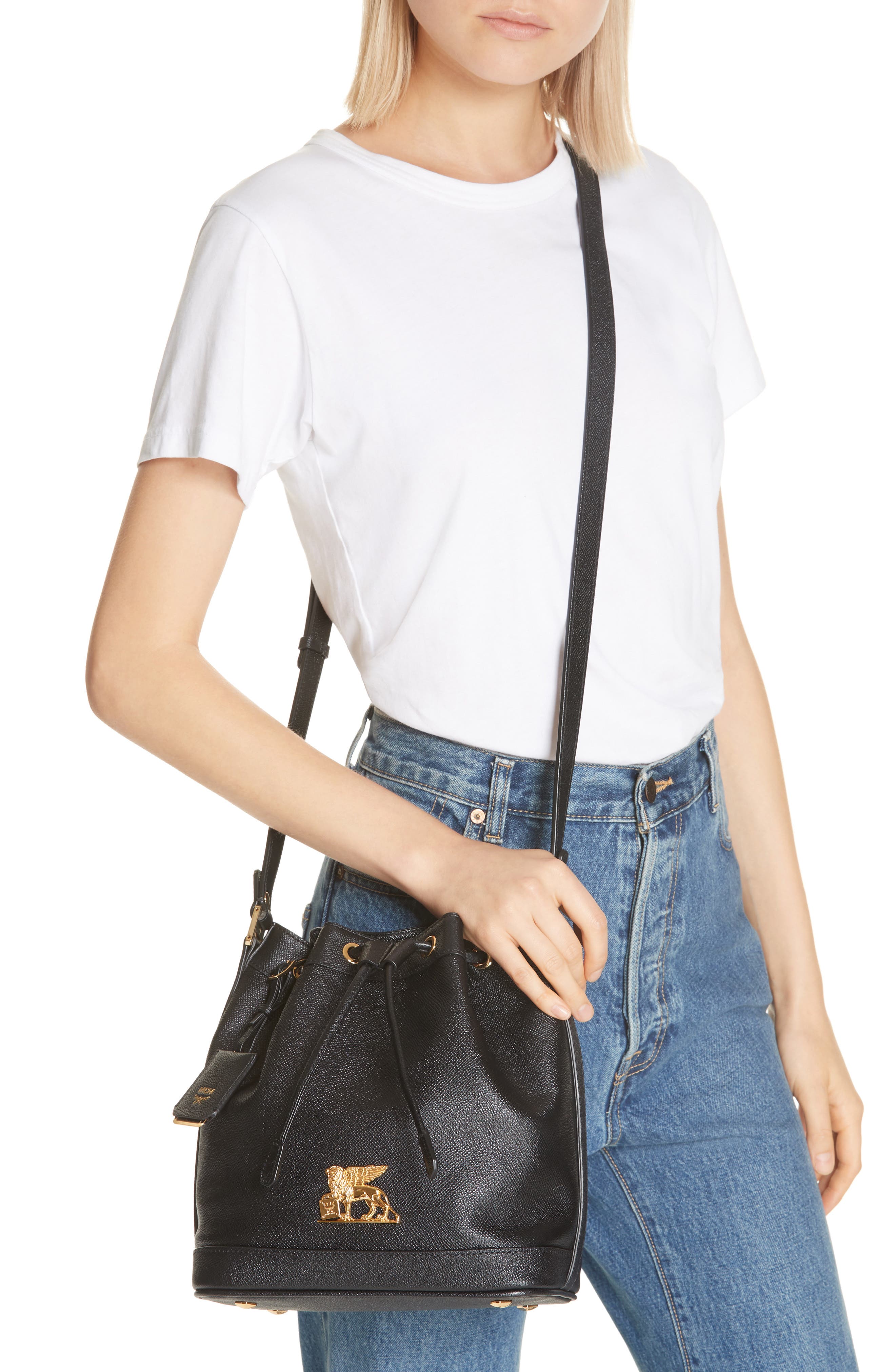 MCM Small RGB Leather Drawstring Bag, Alternate, color, 