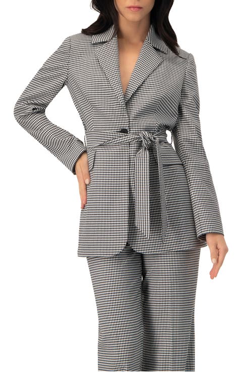 Tailored Houndstooth Blazer with Belt