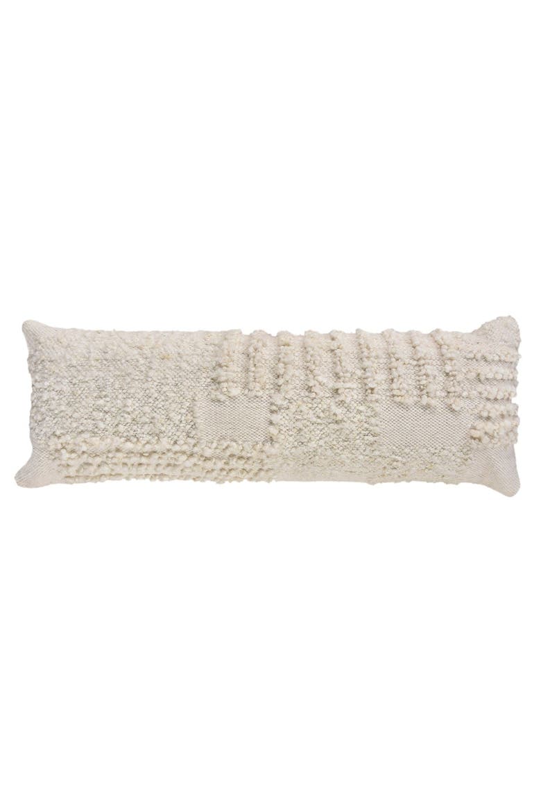 White Boucle Patchwork Handwoven Pillow 14x40 with Down Insert, Main, color, White