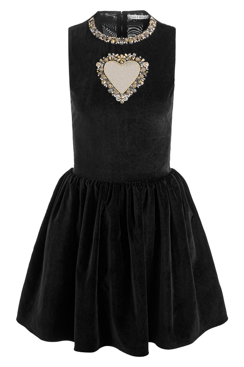 Ella Crystal Embellished Illusion Heart Cutout Velvet Minidress, Alternate, color, BLACK
