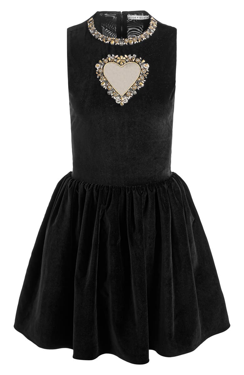 Alice + Olivia Ella Crystal Embellished Illusion Heart Cutout Velvet Minidress, Alternate, color, Black