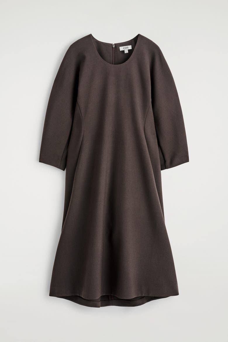 Sculpted Long-Sleeved Midi Dress, Alternate, color, BROWN
